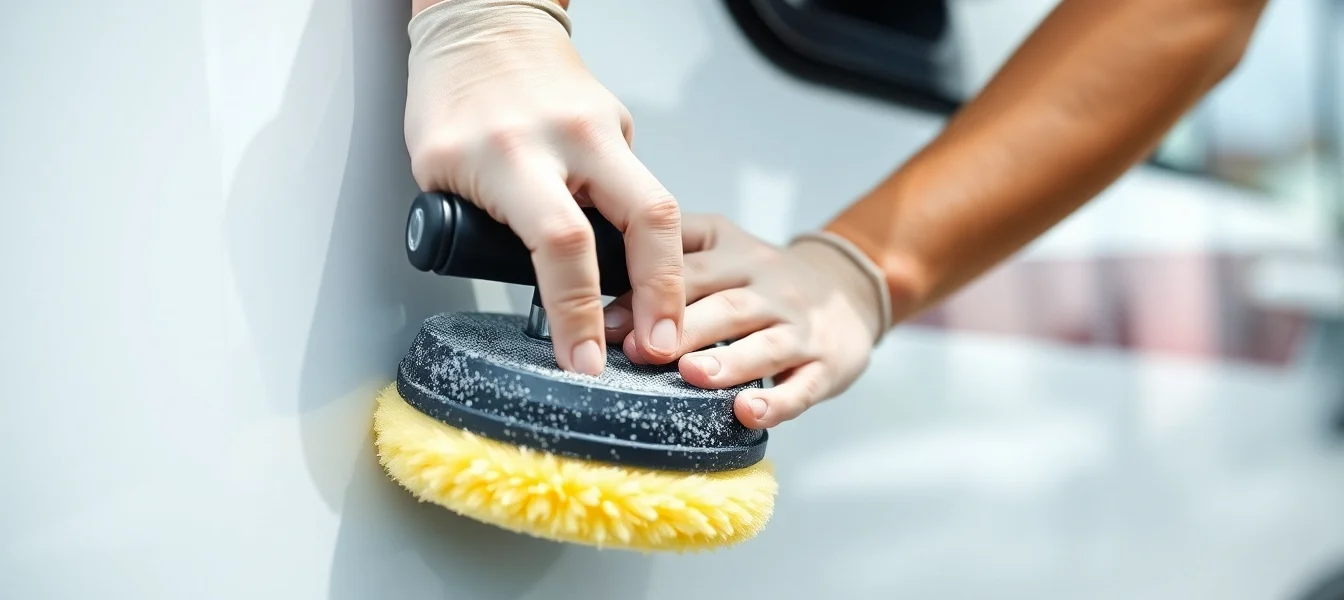 Professional applying Wohnmobil Politursiegelung to boost gloss and protection on GFK surface