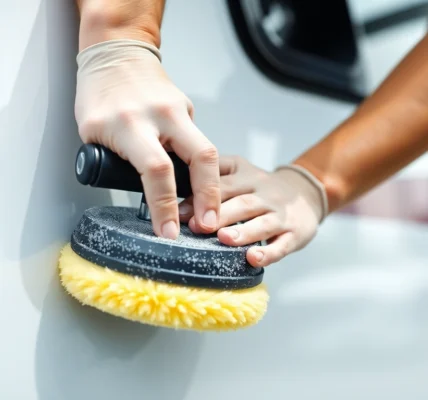 Professional applying Wohnmobil Politursiegelung to boost gloss and protection on GFK surface