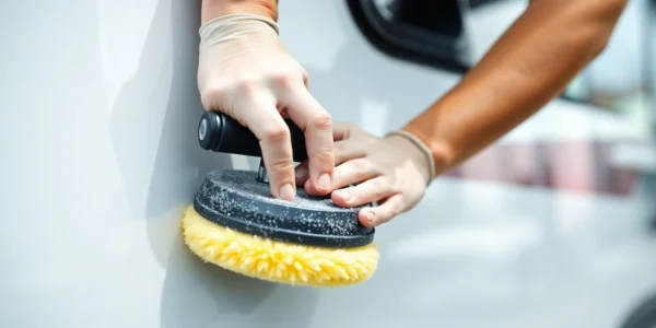 Professional applying Wohnmobil Politursiegelung to boost gloss and protection on GFK surface