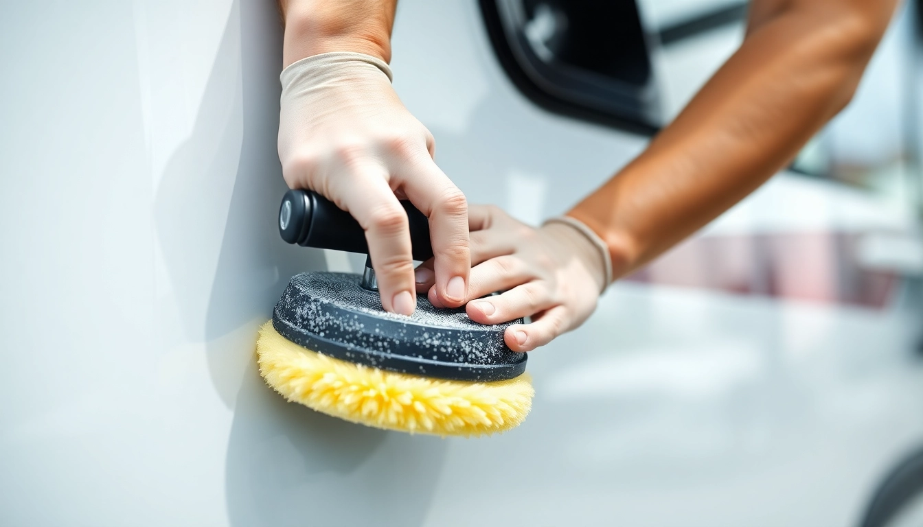 Professional applying Wohnmobil Politursiegelung to boost gloss and protection on GFK surface