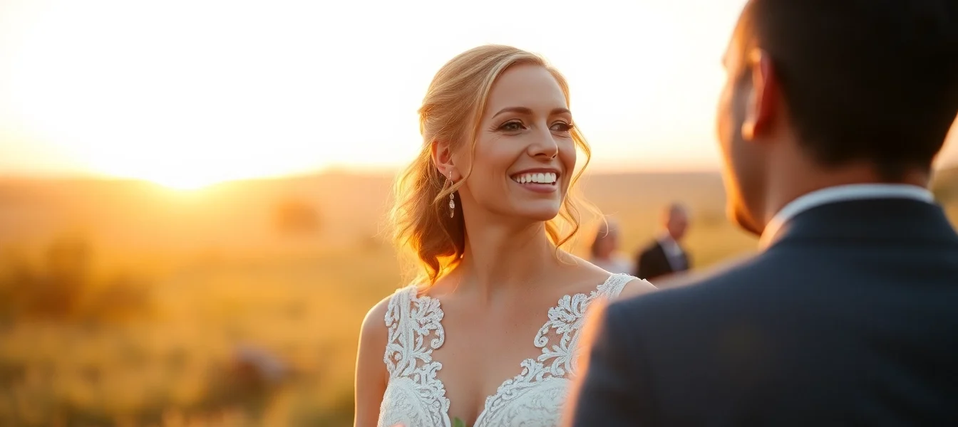 Professional eskuvo fotos takes natural wedding photos outdoors during sunset to capture joyful