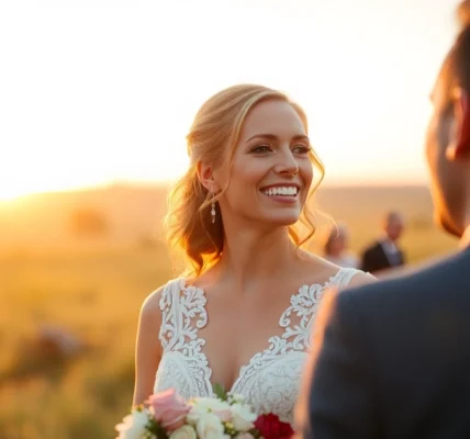 Professional eskuvo fotos takes natural wedding photos outdoors during sunset to capture joyful