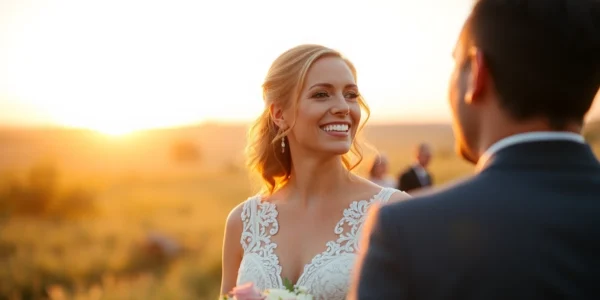 Professional eskuvo fotos takes natural wedding photos outdoors during sunset to capture joyful