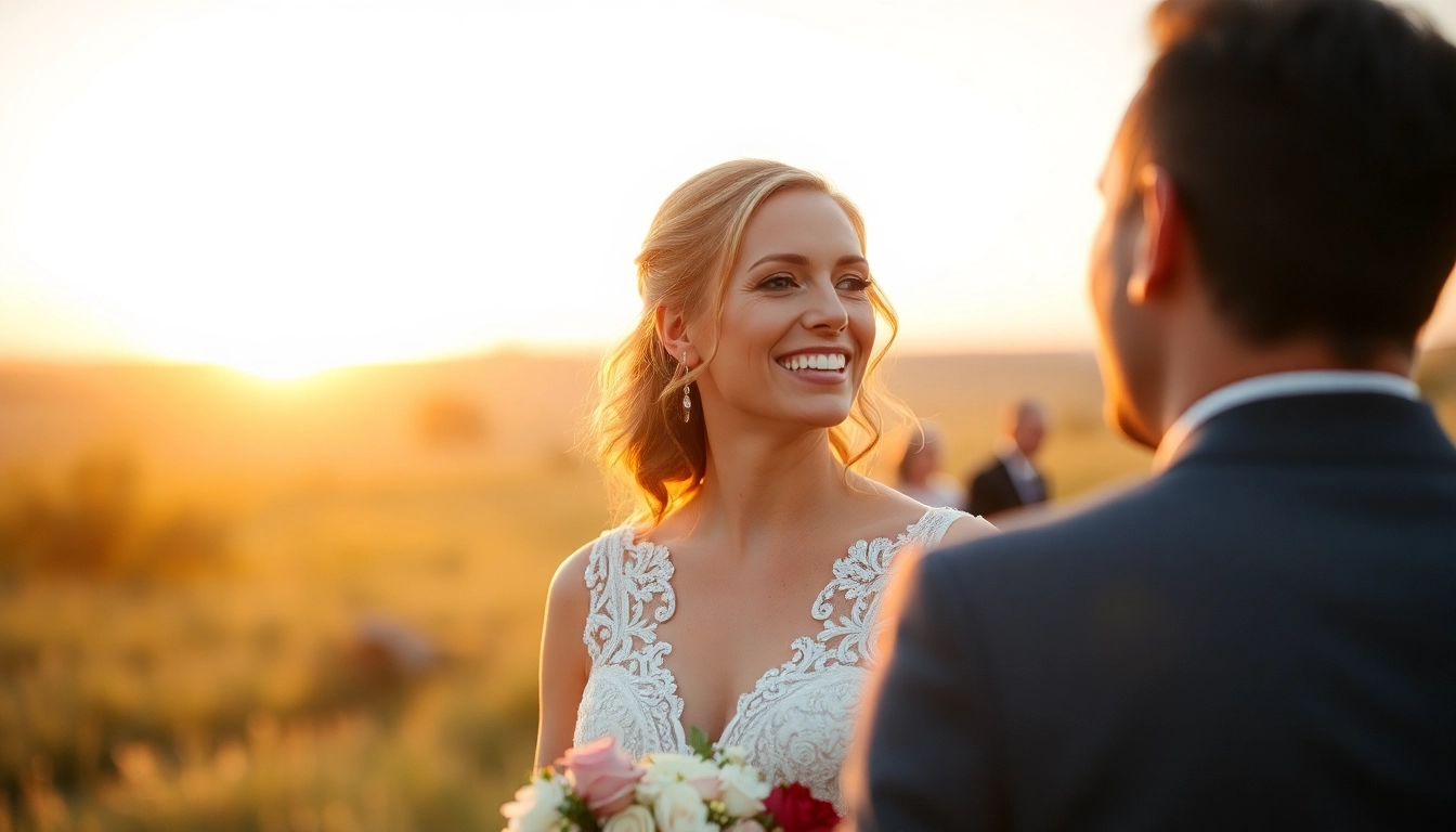 Professional eskuvo fotos takes natural wedding photos outdoors during sunset to capture joyful
