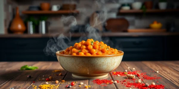 Delicious ready to eat Chana Masala served in a bowl, highlighting vibrant spices and textures